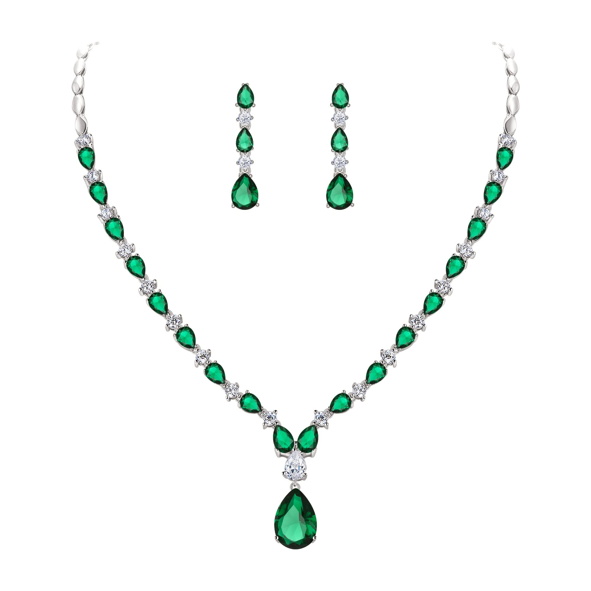 Ever Faith Sparkly Round Teardrop Cubic Zirconia Necklace Dangle Earrings Set May Birthstone Party Banquet Jewelry Set Green Silver-Tone