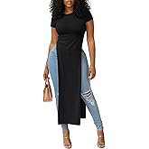 OPOIPIN Women's Crew Neck Split Slit Hem Short Sleeve Slim Fit Tee Top Long Shirt Tunic