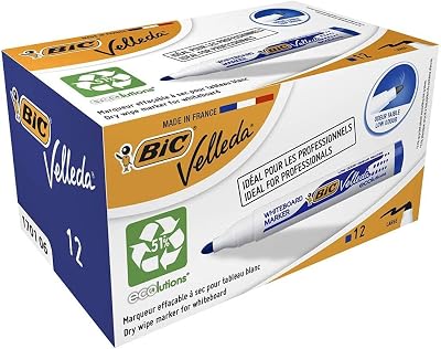 Marcadores de quadro branco bic velleda ecolutions 1701, ideais para uso em escritório e escola, azuis, pacote de 12 unidades