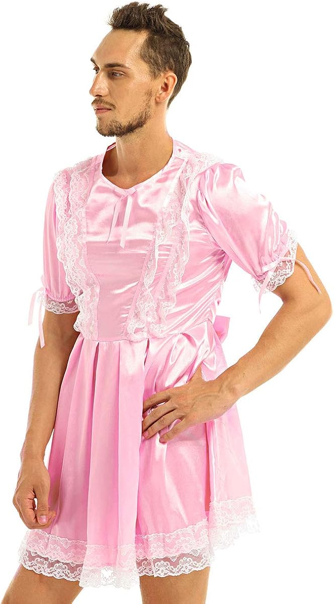 iiniim Men's Sissy Lingerie Dress Shiny Satin Frilly Crossdressing Pajamas Cosplay Nightwear - Image 5
