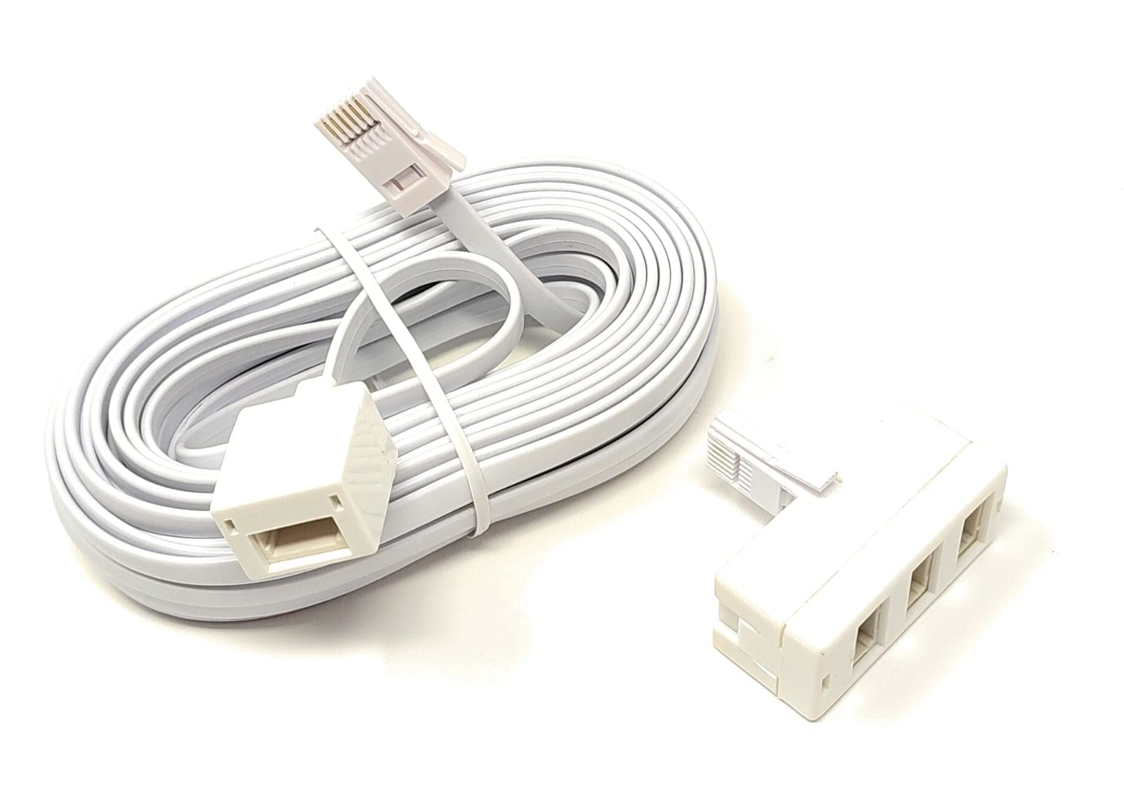 Maincore 5m 2in1 long White BT Telephone Extension Cable Lead & 3 Way BT Sockets Splitter Adapter (5m)