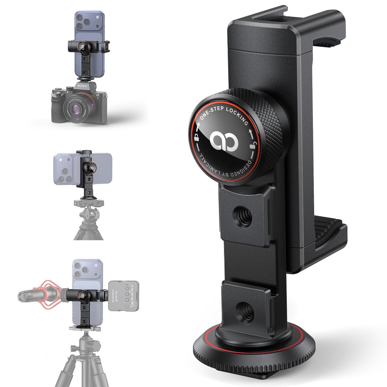 Lamicall Aluminum Phone Tripod Mount with 3 Cold Shoes & Arca Port & 1/4" Thread, [Wider Clamp] Camera Phone Holder Adapter Valentines Day Gift for iPhone 17 Smartphone Tripod Cell Phone Holder