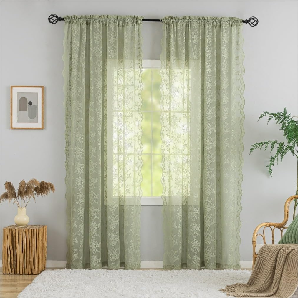 YJ YANJUN Sage Net Curtains for Windows Boho Scallop Edged Lace Drapes Chic Green Voile Panels for Bedroom Living Room Spring Flower French Door Curtains 52 W x 72L Inch (132cm x 183cm) Sage Green — image 1