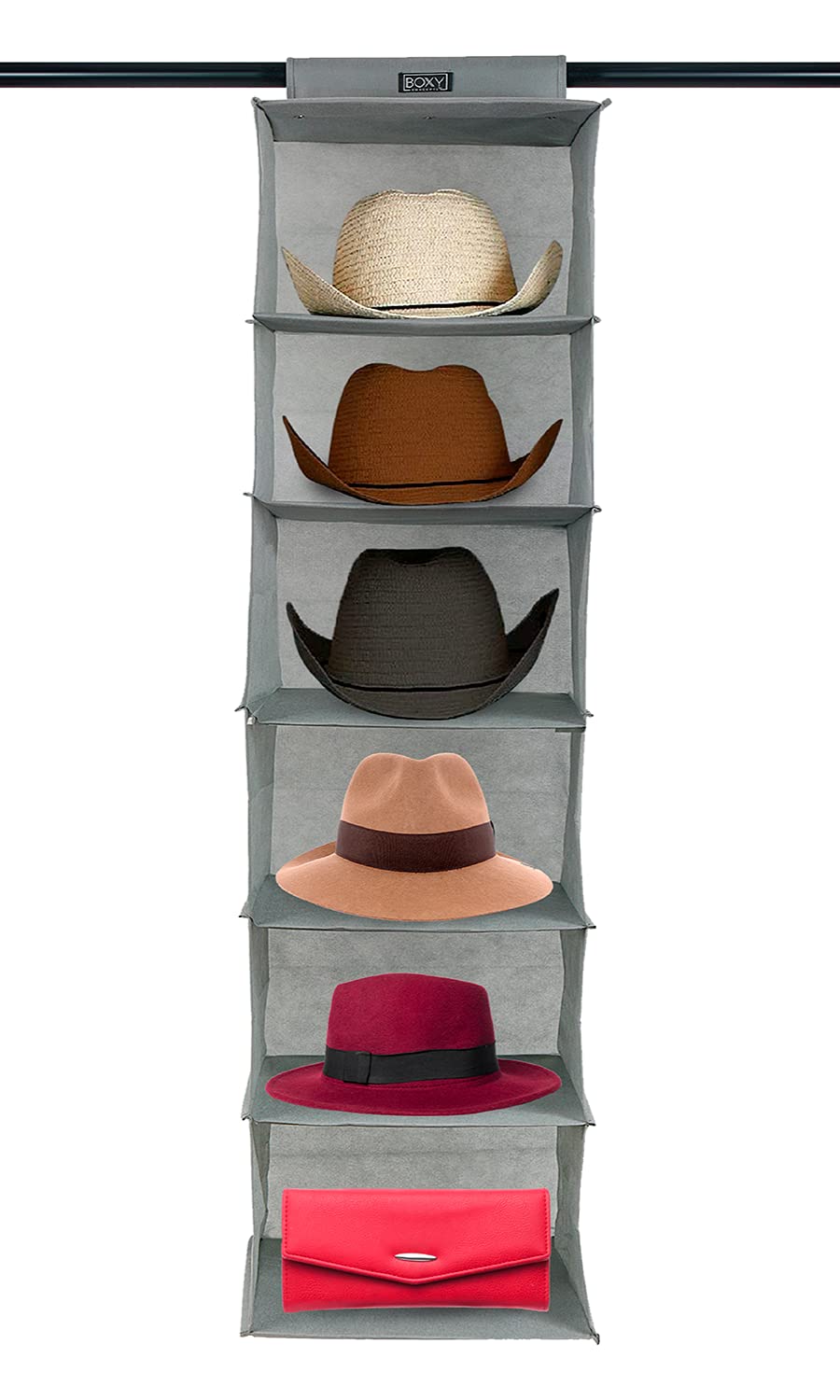 boxy concepts 6-shelf cowboy hat organizer rack - 13in wide x-large grey - hat rack for wall mount hook & loop - soft fabric preserve shape - baseball cap organizer