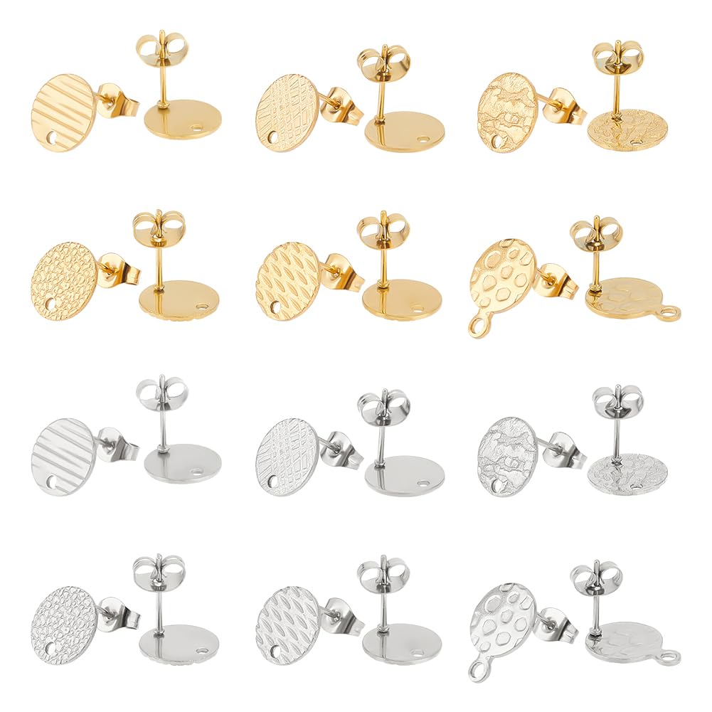 UNICRAFTALE 24 Pcs 2 Colors 6 Styles Flat Round Earring Stud 304 Stainless Steel Stud Earring Findings with Earring Backs Post Earring Textured for DIY Earrings Jewellery Making