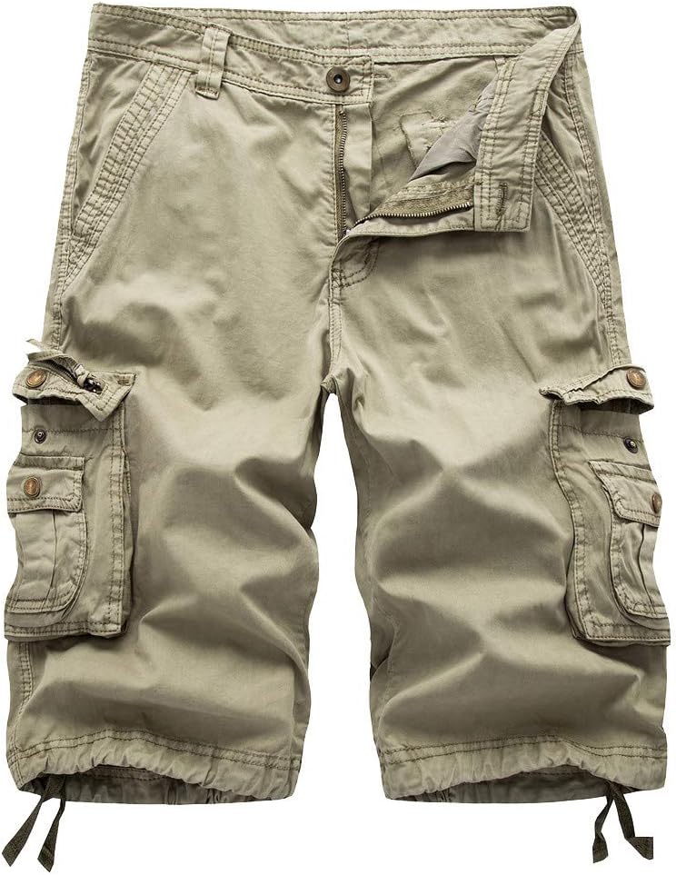 Trousers Sweatpants, Mens Solid Multi-Pocket Cargo Shorts Casual Slim Fit Cotton Solid Camo Shorts, Army Green, 37
