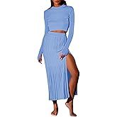 Duigluw Women 2 Piece Outfits Winter Long Sleeve Crop Top Bodycon Pleated Skirt Knit Sweater Dress Set