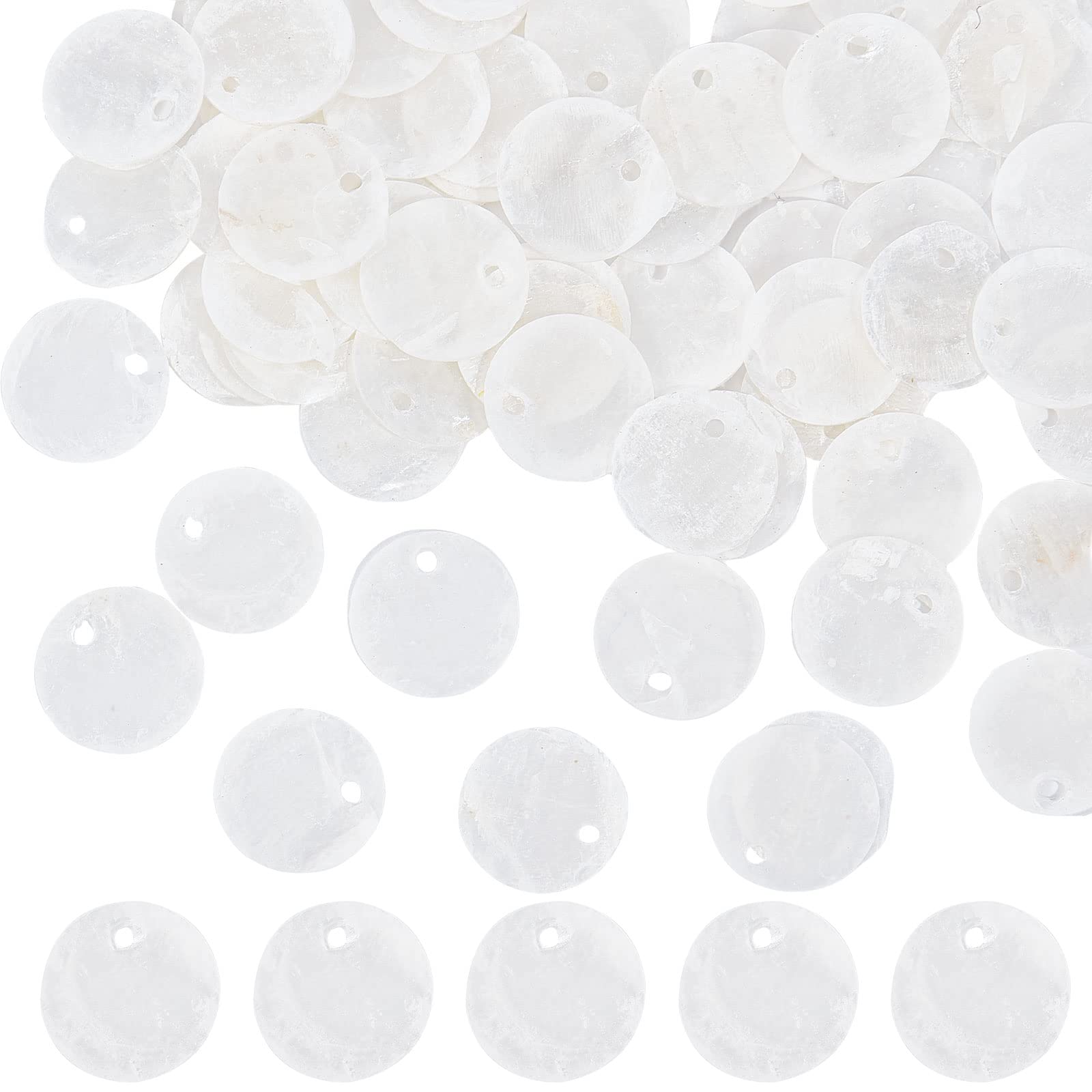 SUNNYCLUE 1 Box 100Pcs Shell Charms Seashell Charm Capiz Shells 15mm Flat Round Natural Seashell Slices Beads Coin Sea Ocean Summer Disc for jewellery Making Wind Chime Earring Supplies