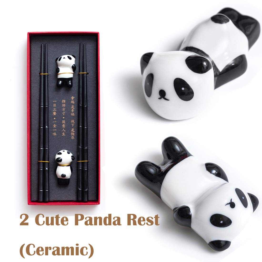 HauSun 2 Pairs Chopsticks and Chopstick Rest Gift Set- Dishwasher Safe Reusable Fiber Glass Chopsticks + Porcelain Cute Panda Chopstick Holder, Non-slip Chinese Japanese Style Chopsticks Set, Black