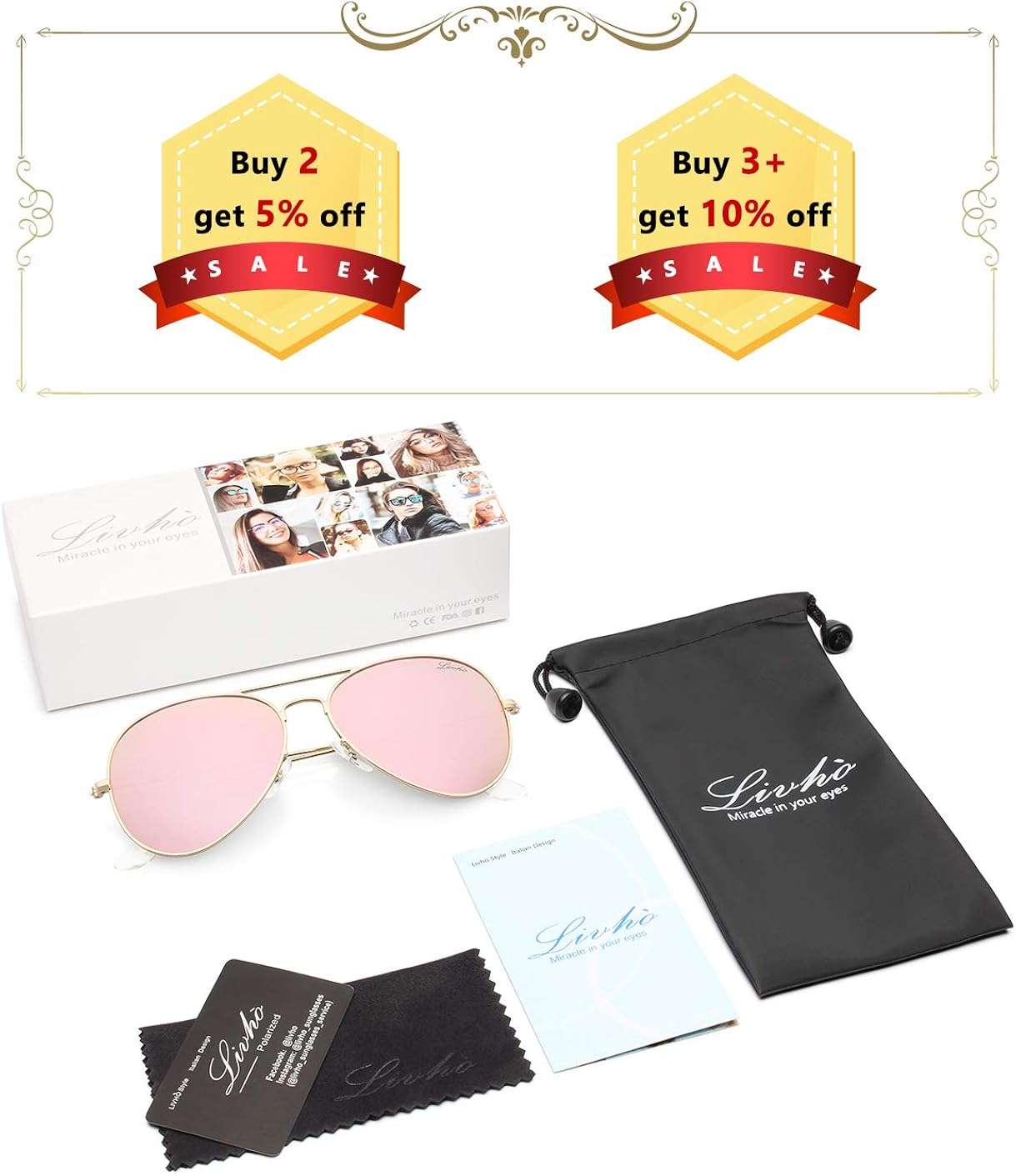 livho Classic Polarized Aviator Sunglasses UV Mirrored Lens Metal Retro Shades for Women Men (Pink Mirrored Lens/Gold Frame(Rose Gold), 58): Clothing