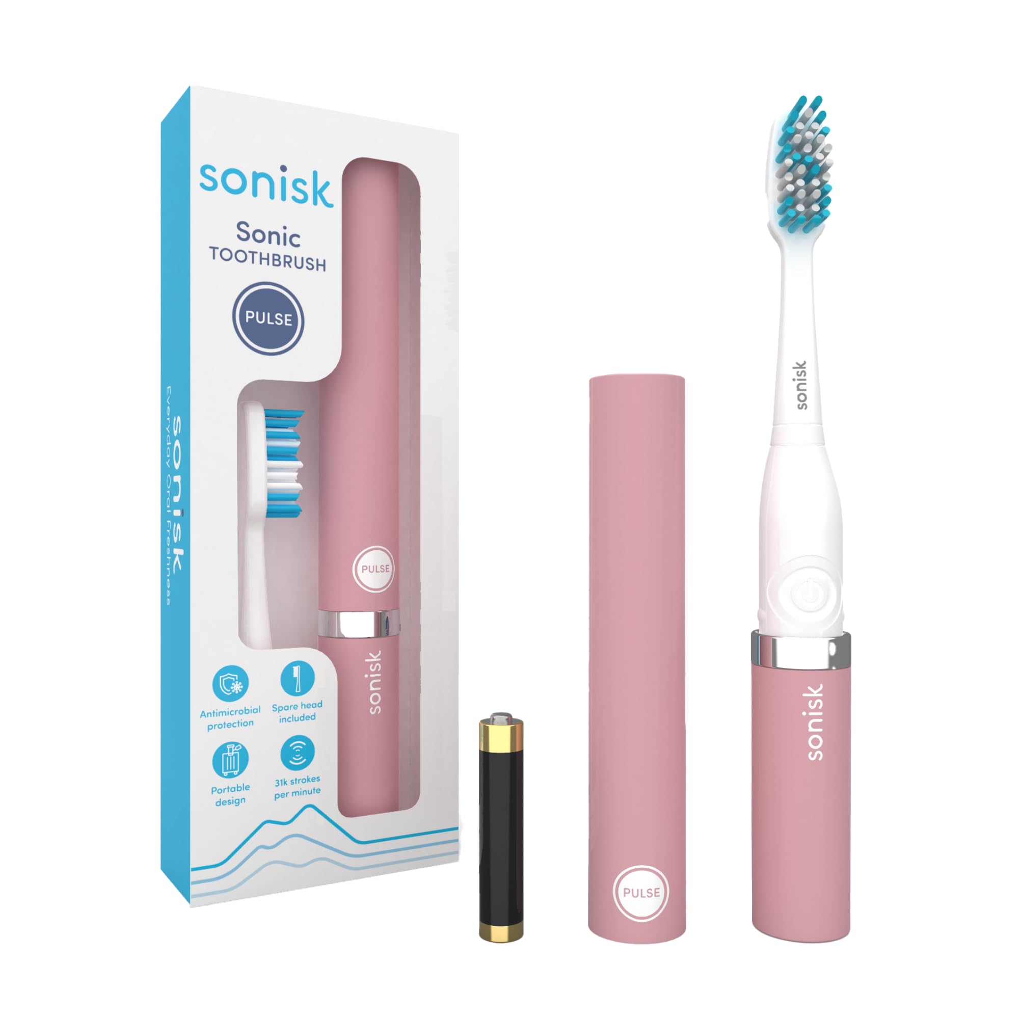 Sonisk Pulse | Battery Powered Electric Toothbrush | Portable Travel Size with Antimicrobial Sonic Technology | 1x Battery, 2X Brush Heads, 1x Travel Case Included (Dusty Pink)