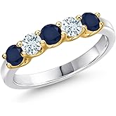 Gem Stone King 10K 2 Tone Gold Blue Sapphire and Sky Blue Aquamarine Wedding-Bands Ring For Women | 1.00 Cttw | Round 3.5MM | Gemstone September Birthstone