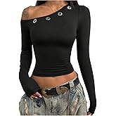SweatyRocks Women's Long Sleeve Off The Shoulder Tops Y2k Punk Going Out Crop T Shirts