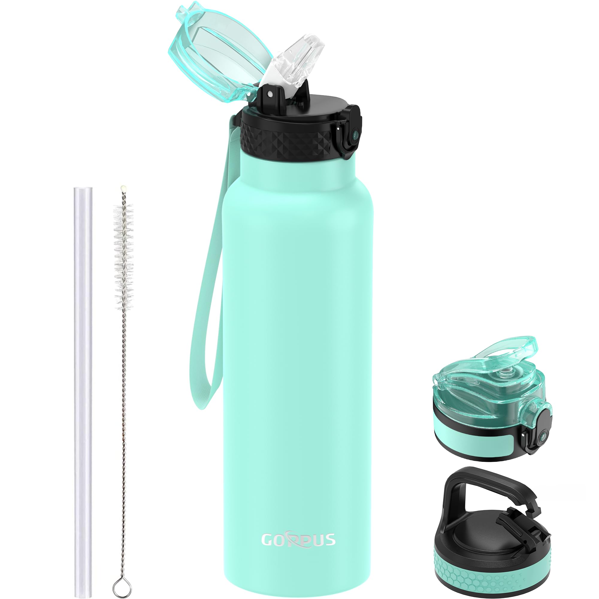 GOPPUS 750ml/26oz Stainless Water Bottle with Straw Double Wall Insulated Bottles with Strap Reusable Vacuum Thermal Flask Leakproof Keep Cold Drinks Bottles with Flip Top Lid for Men Women BPA Free