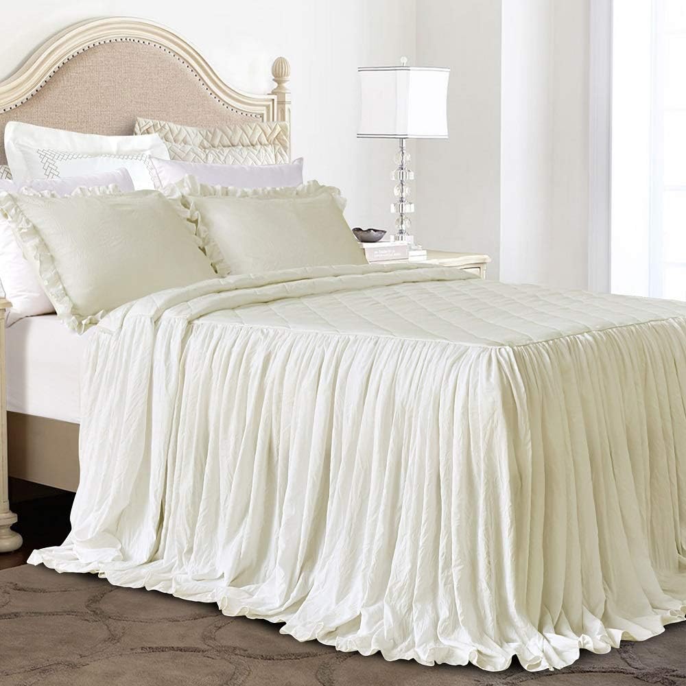 Queen's House Ruffle Skirt Bedspread Ivory Shabby Farmhouse Style Lightweight 3 Piece Set King