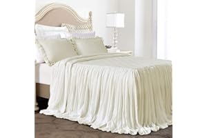 QSH Queen's House Ruffle Skirt Bedspread Ivory Elegant Shabby Farmhouse Bedding Ruffled Bed Spreads Queen Size Lightweight 3 Piece