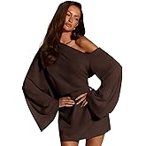 SOLY HUX Women's Asymmetrical Mini Dress Off The Shoulder Long Sleeve Casual Bodycon Dresses Pure Brown L