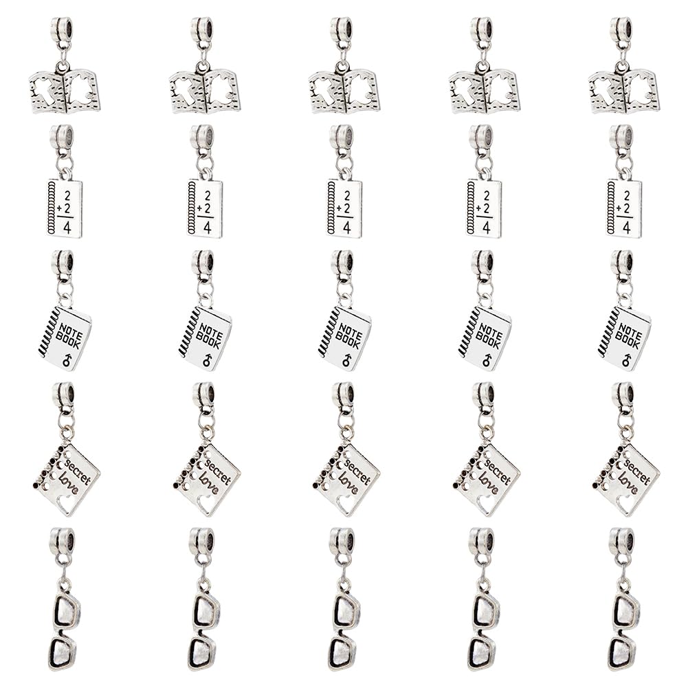 SUPERFINDINGS 10 Sets 50Pcs Teachers' Day Pendant Charm Large Hole Dnagle Charm Notebook Glasses Book Charms Antique Silver Pendant for Thanksgiving Day Teachers' Day Gift Hole: 4mm