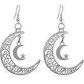 KVANU Handmade Unique Vintage Silver Boho Star Moon Drop Dangle Earrings Bohemian Moon Crescent Hook Earrings for Women Statement Jewelry Gifts
