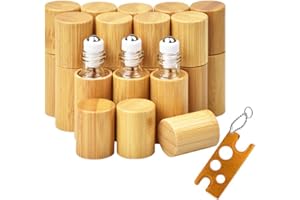 AUHOKY 12Pcs 5ml Bamboo Roll on Bottles for Essential Oils, Portable Massage Oil Bottle with Stainless Steel Roller Ball, Reusable Travel Perfumes Sample Lip Gloss Container (1 Opener)