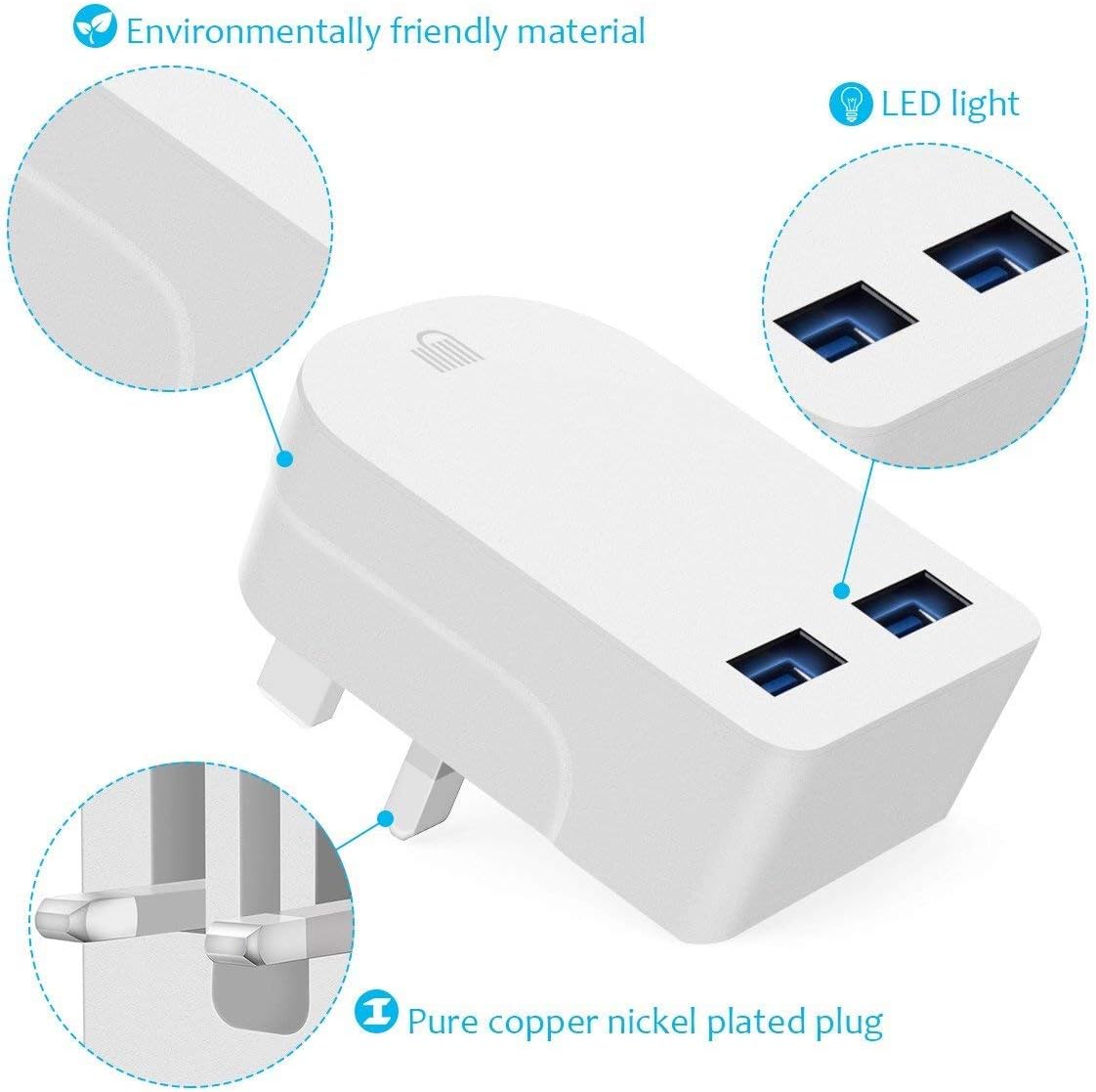 AMO White Foldable Charger High-speed Dual USB wall adapter USB-A Ports Compact Travel Charger Compatible For iiPhone/i Pad/i Pod/Samsung Galaxy Tab/HTC/Tablet etc - Image 4