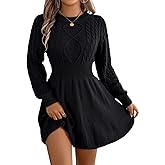 ChiaoLezhee Women's Short Sweater Dress, Cinched Waist Long Sleeve Crewneck Cable Knit Dresses, Fall Winter Casual Outfits