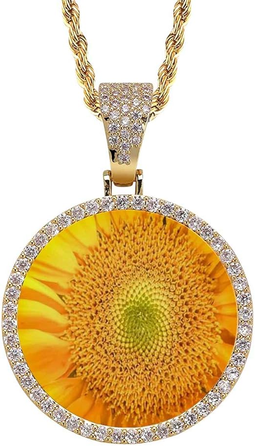 INTERESTPRINT Sunflower Blooming Necklace for Women Men, Round Pendant with Rope