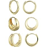 3 Pairs Gold Hoop Earrings Set, Flat Back Studs Copper Cartilage for Huggie Small Chunky Hoop Clip on Earrings Stack Lightweight & Stylish Jewelry for Women