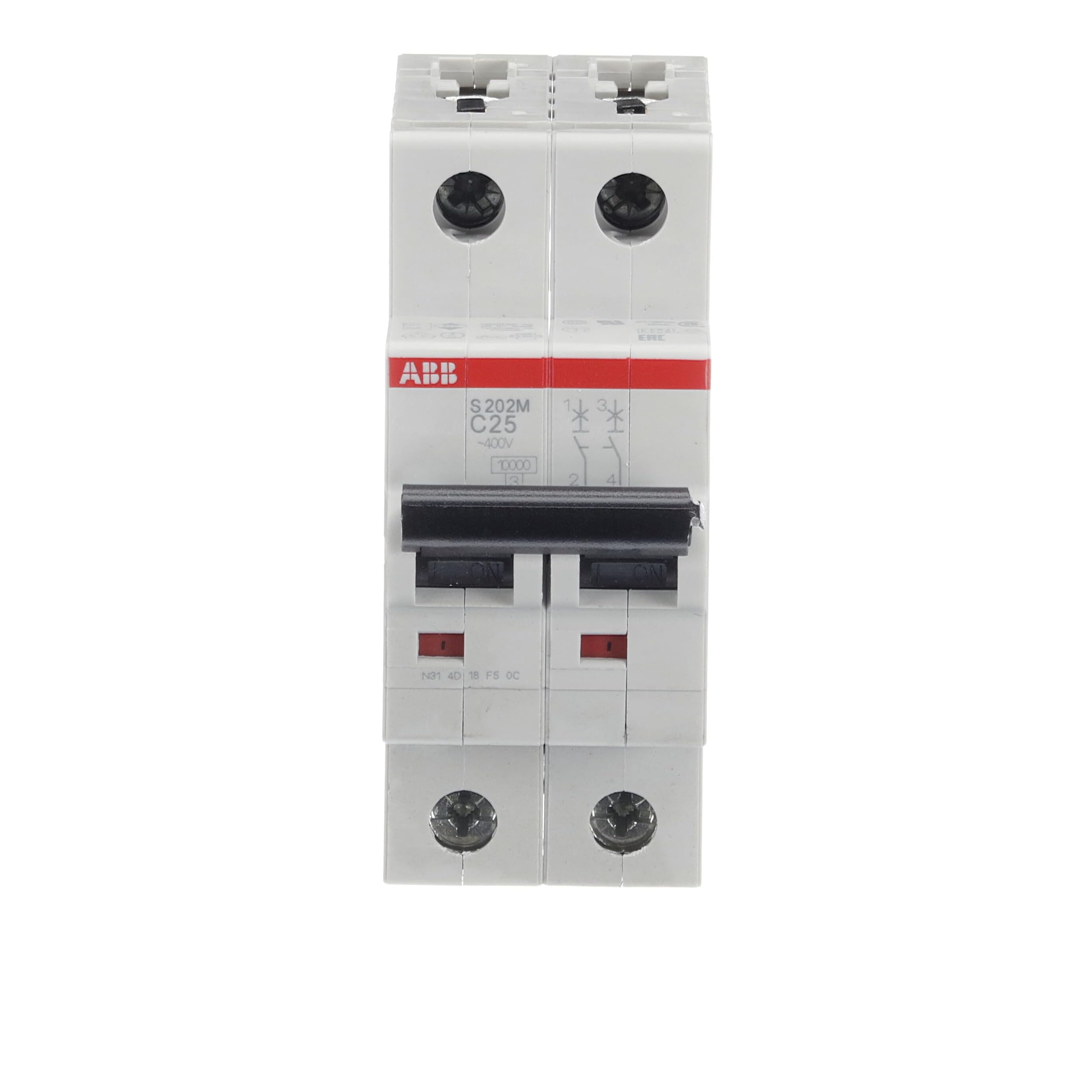 ABB S202M-C25 Miniature Circuit Breaker, 2 Pole, Type C, 10/15kA Breaking Capacity, 25 Amp Current (2CDS272001R0254)