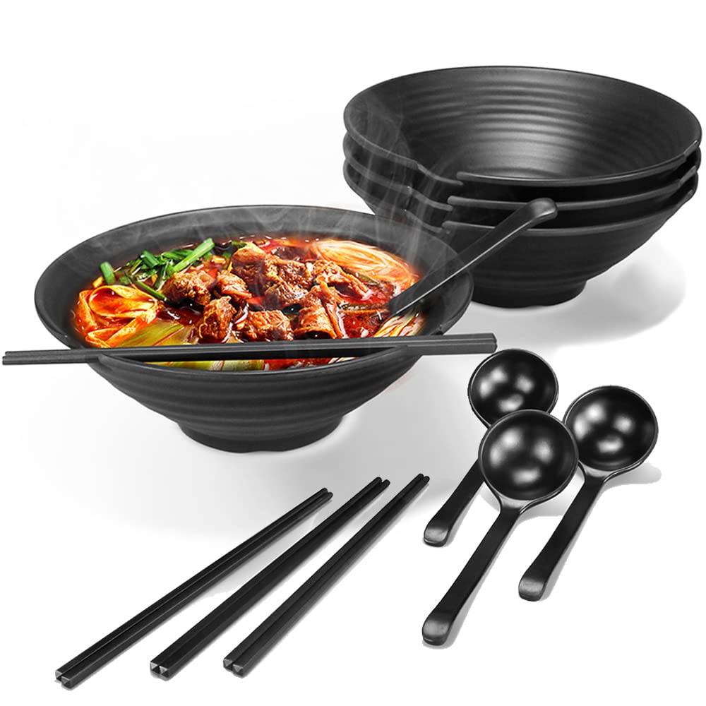 4 Set Large Noodle Ramen Bowl - Plastic Japanese Picnic Tableware for Pasta Dishes Salad Udon Soup Soba Pot Noodles Bowls 4×1100 Ml Bowl Chopsticks Spoon Sets Suit for Dinner Christmas Birthday Gifts
