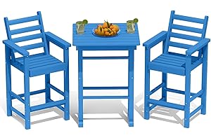 PLUUV Tall Adirondack Chairs Set of 2 with Table, Outdoor Bar Height Table Chairs Set, All Weather HDPE Barstools Patio Bar Sets with Arms & Footrest for Balcony, Bistro, Poolside, Backyard