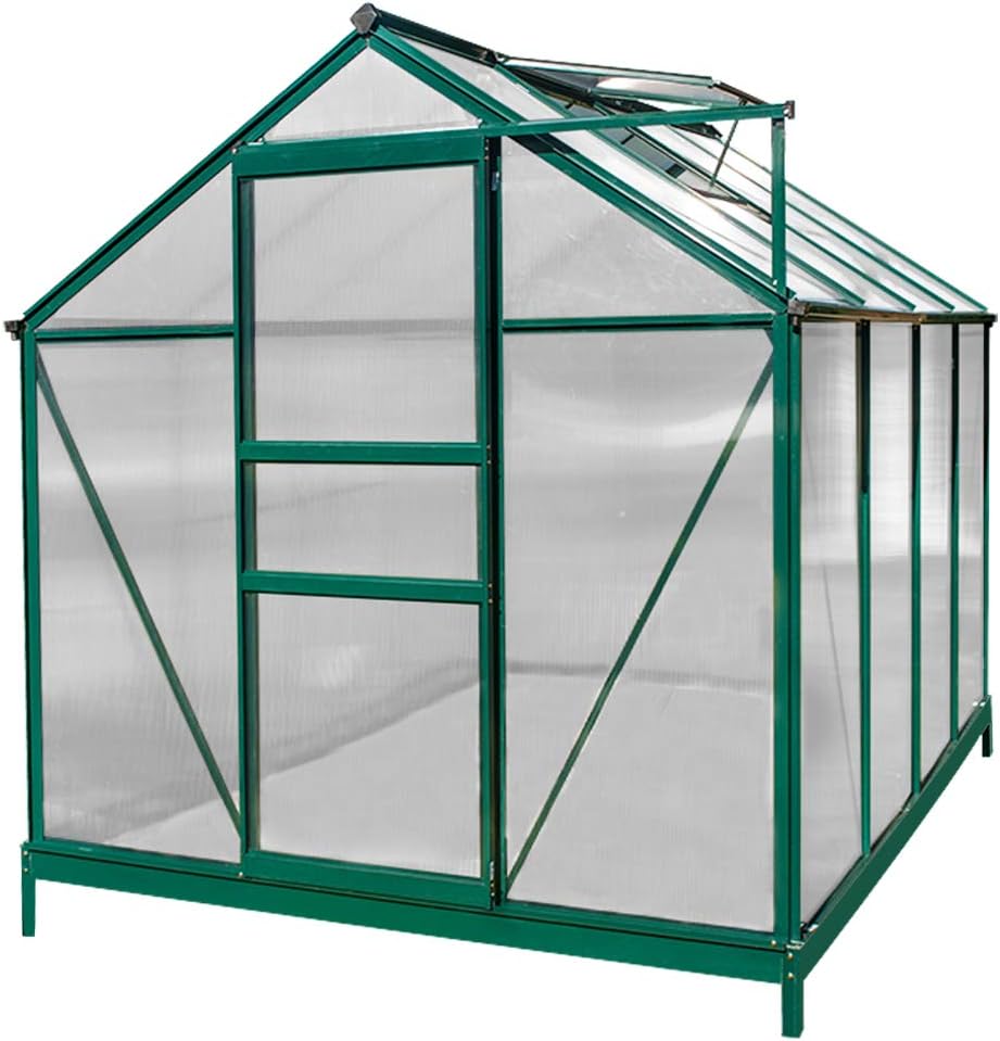 Sundale Outdoor Walk-in Greenhouse Gardening Large Hot Green House with Adjustable Roof Vent and Rain Gutters Waterproof Plant Green House, UV Protection, 8'(L) x 6'(W) x 6.6'(H)