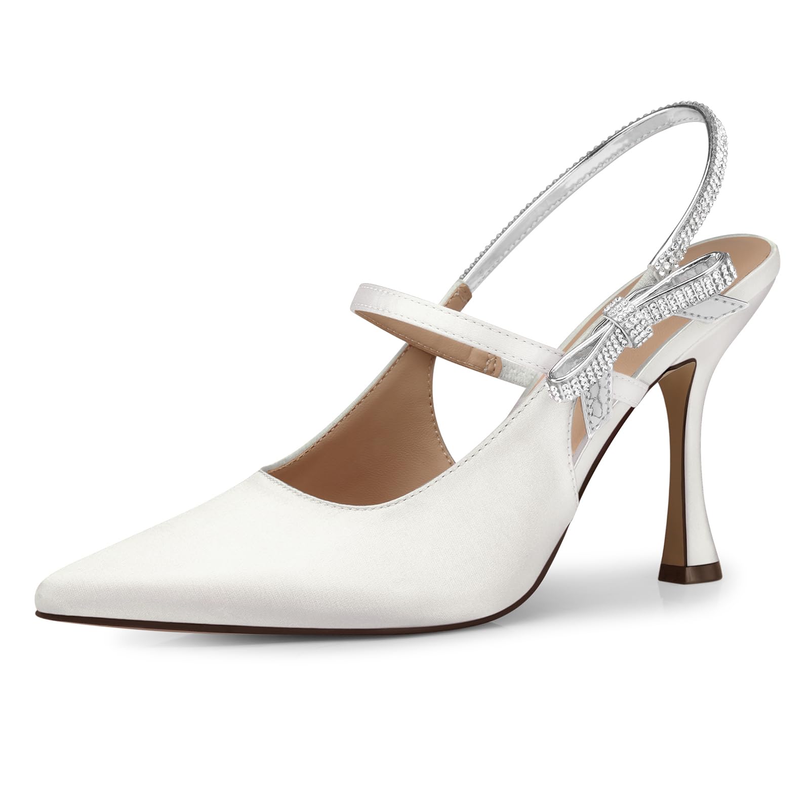 Photo 1 of CELLENZ Women Kitten Heel Pumps: Closed Toe Slingback High Heels - White Comfortable Bow Bride Pump - Wedding Bridal Shoes Size 6