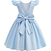 Ullicca Flower Girl Dress Satin V-Back Flutter Sleeve Pageant Communion Bowknot for Wedding Birthday Guest Party Gown