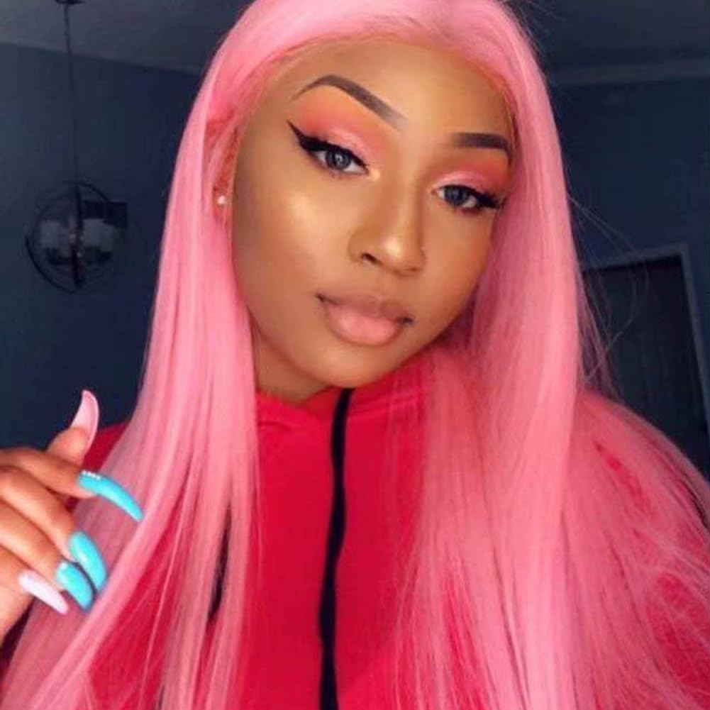 AFBeauty Pink Lace Front Wig for Women Long Straight Pastel Pink Middle Part Wig Synthetic Glueless wig Heat Resistant Fiber Party Cosplay Soft Wigs