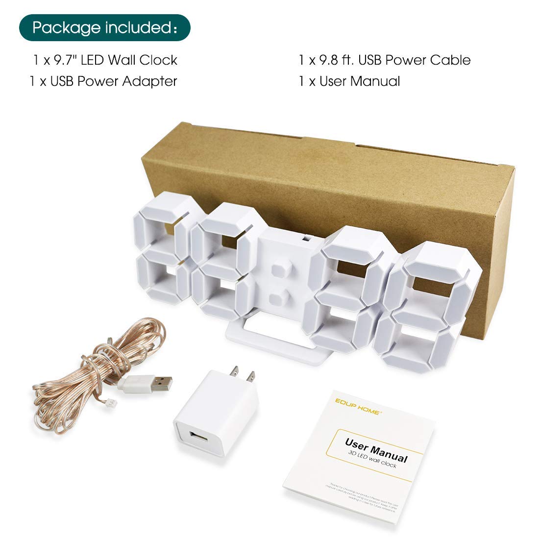 3D LED Digital Desktop Alarm Clock 9.7 Inch Wall Desk Timer Brightness Adjustable for Hotel Office Home Living Room