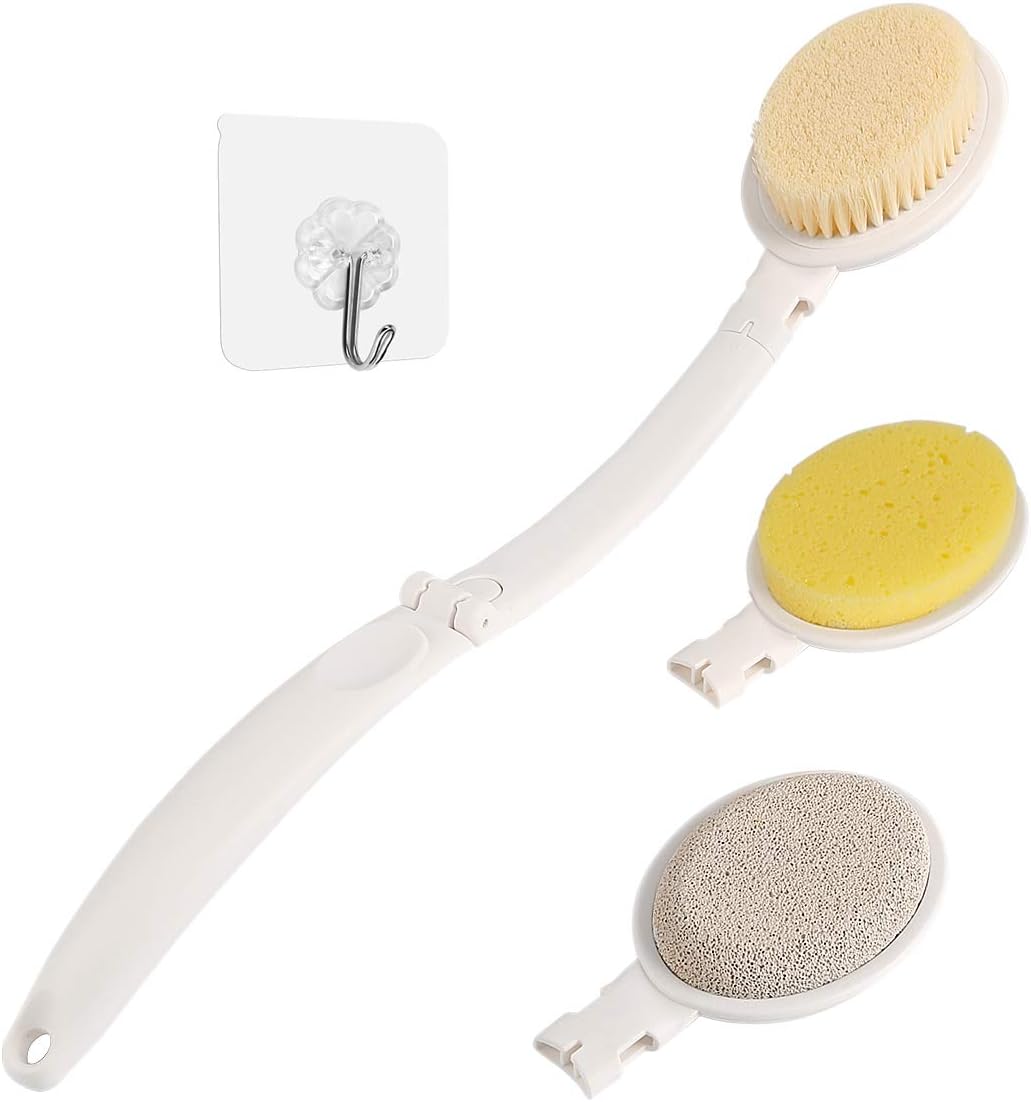 LFJ Bath Body Brush Set with Long Handle, 3 in 1 Foldable Shower Brush