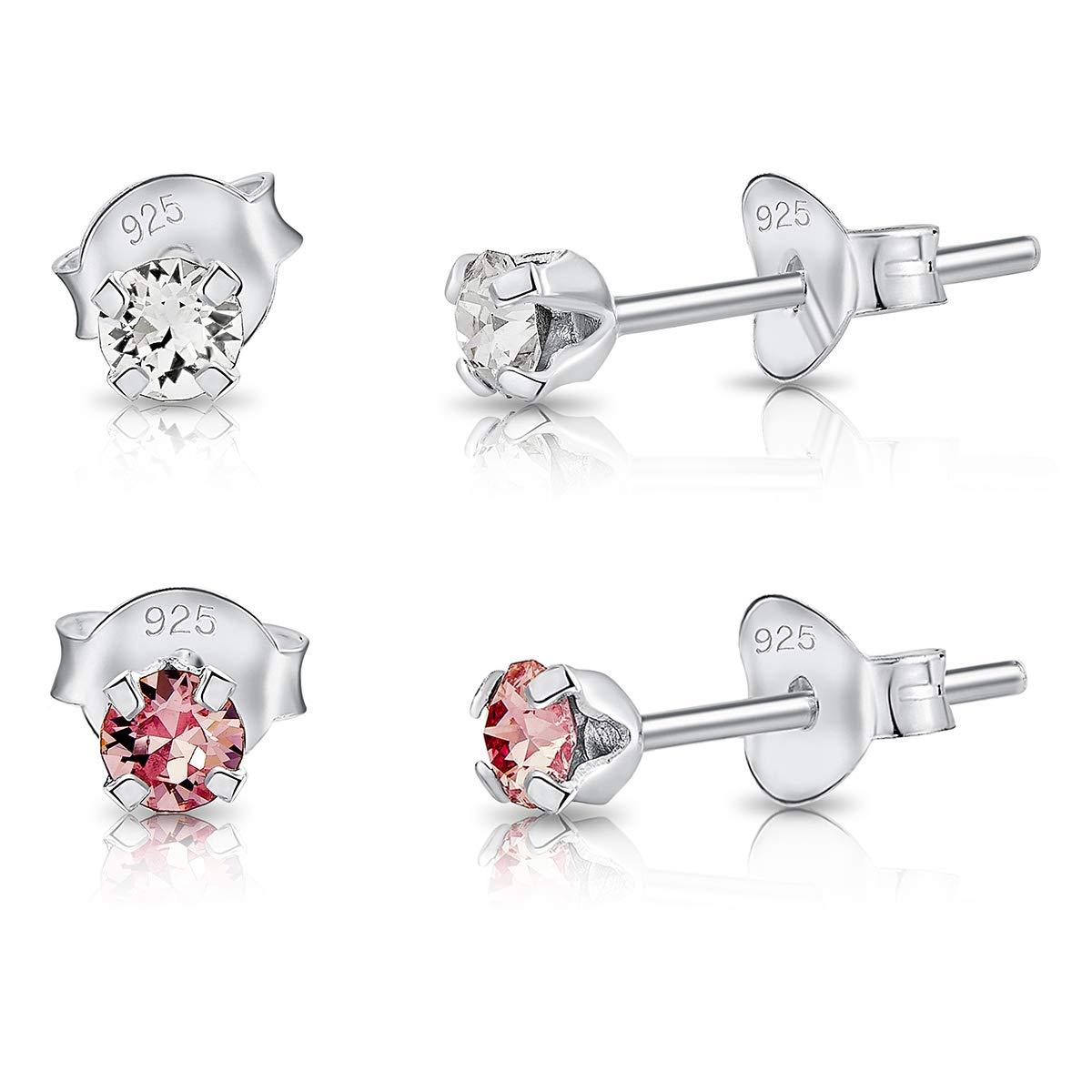 DTPSilver - Set of 2 PAIRS of 925 Sterling Silver Round TINY Stud Earrings made with Glittering Crystals from Swarovski® Elements - Diameter: 3 mm - Colour : Light Rose