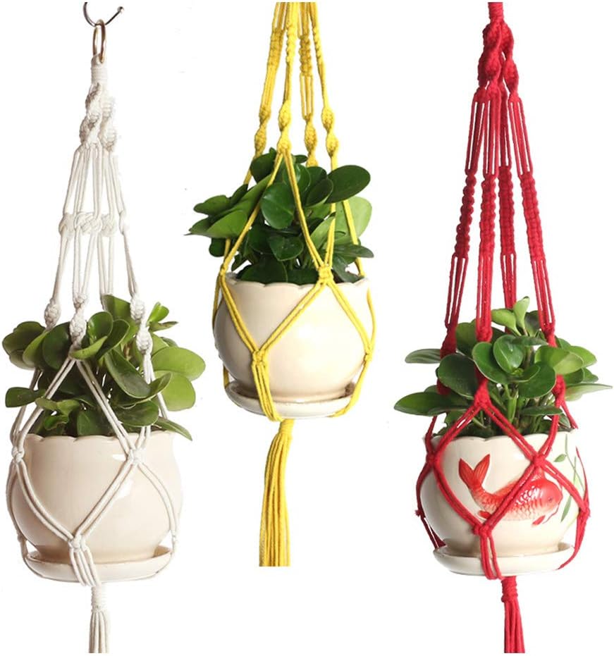 LANGUGU Set of 3 Macrame Plant Hanger with Metal Ring Wall Hanging Planter Basket for Indoor Outdoor Flower Pot Plant Holder Wall Art Vintage-Inspired Home Decor, Cotton Rope, 4 Legs 29 inch