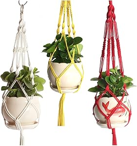 LANGUGU Set of 3 Macrame Plant Hanger with Metal Ring Wall Hanging Planter Basket for Indoor Outdoor Flower Pot Plant Holder Wall Art Vintage-Inspired Home Decor, Cotton Rope, 4 Legs 29 inch