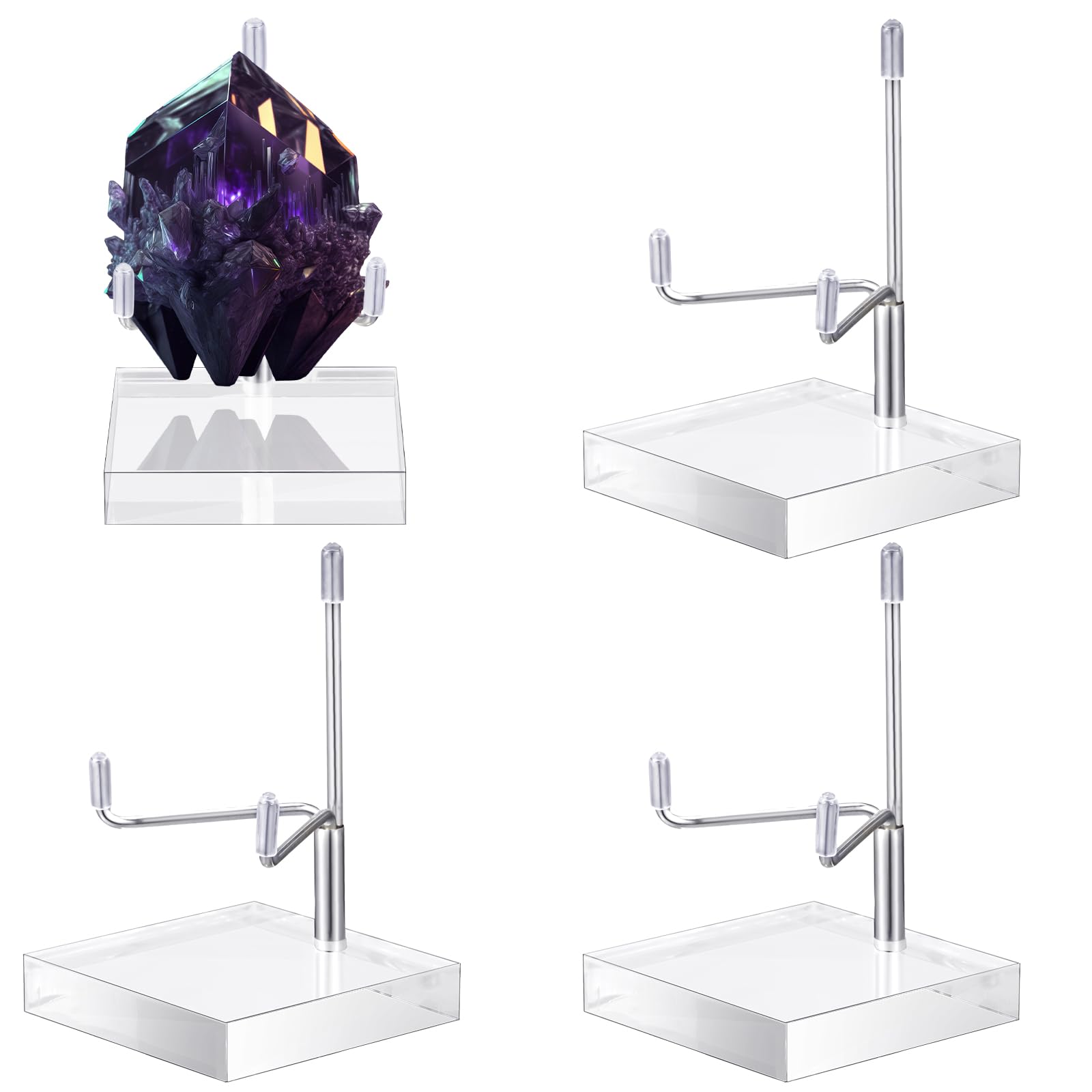 Photo 1 of Suzile 4 Pcs Adjustable Metal Arm Display Stand Easel with Acrylic Base Rock Display Easel Holder Acrylic Crystal Clear Plate Stand for Geodes Mineral Agate (Silver, 2 x 2 x 3 Inch)