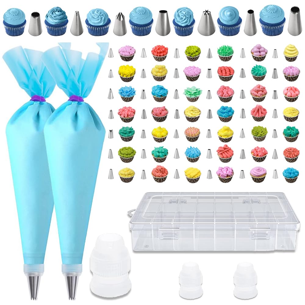GZMAISULEE 55PCS Piping Bags Tips Set Reusable Pastry Bags and Frosting Tips Cakes Decorating Kit for Cookie Icing, 2 Icing Bags, 49 Icing Tips, 3 Couplers, 1 Storage Box