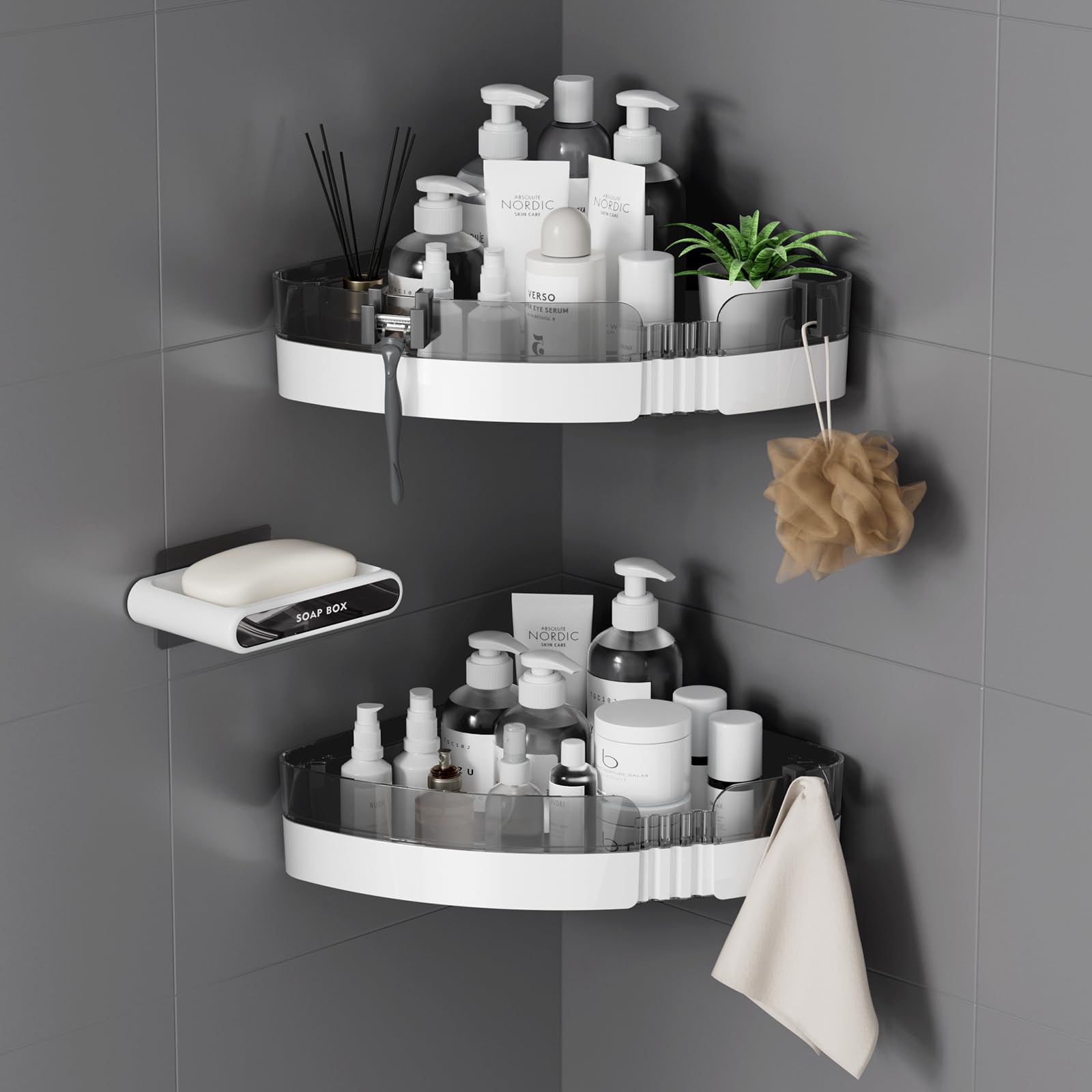 Photo 1 of ** DAMAGE TO THE BOX ** UIFER Corner Shower Caddy - Bathroom Shelves Organizers for Shampoo, Conditioner, Soap, and More - Removable, No-Drill Design for Easy Installation (2 Pcs Grey+Soap Holder)