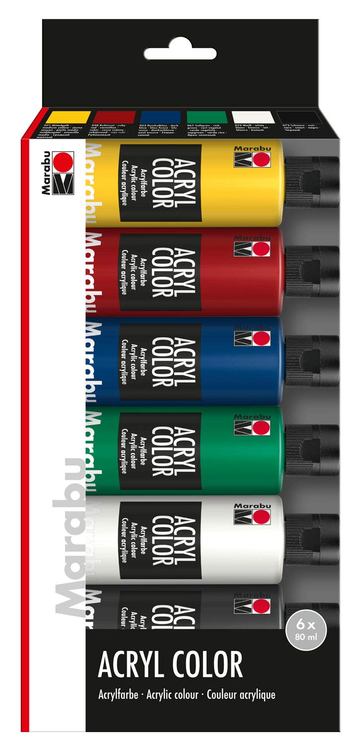 Marabu Colour Set, 6 x 80 ml, Carmine, Medium, Juice, high-Quality, semi-Gloss Acrylic Paint, Water-Based, Quick Drying, Good Coverage, Yellow, Red, Blue, Green, White and Black, 480 ml (1er Pack)