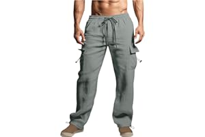 GENERIC Linen Cargo Pants Men Relaxed Drawstring Pants Elastic Waist Multi Pack Pants Lightweight Lounge Pants Loose Trousers