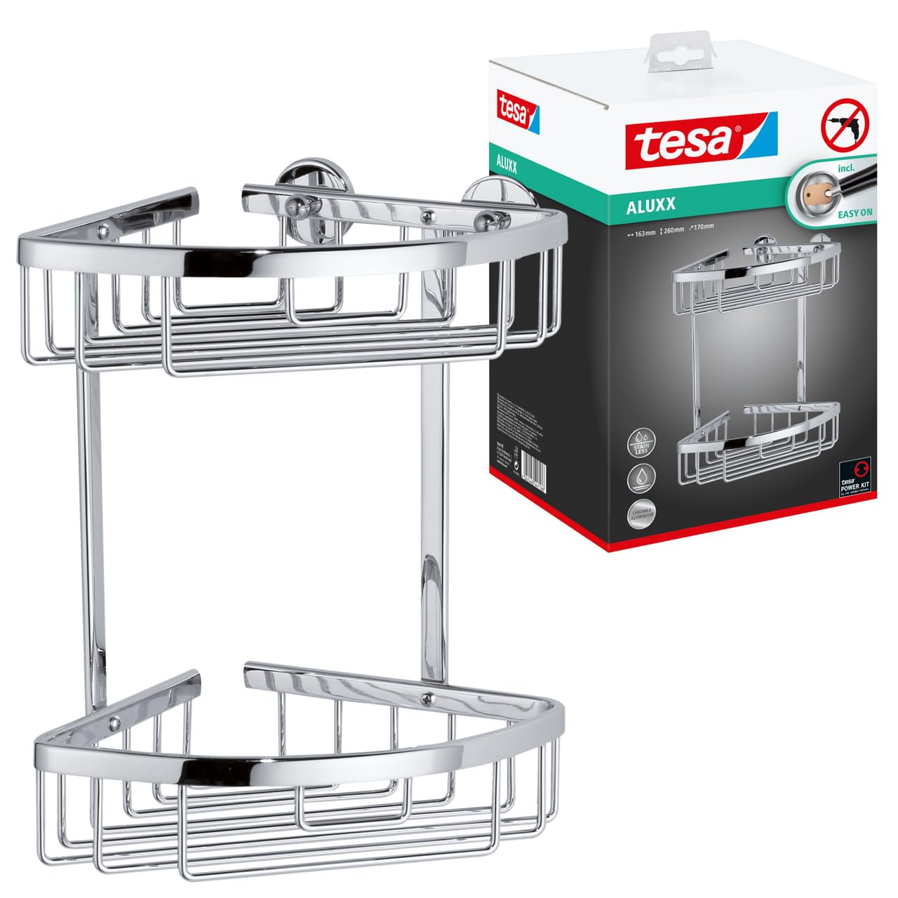 tesa Aluxx Bathroom Corner Shelf, high Gloss Chromed Aluminum, self-Adhesive, Adhesive mounting Technology, 260mm x 163mm x 170mm