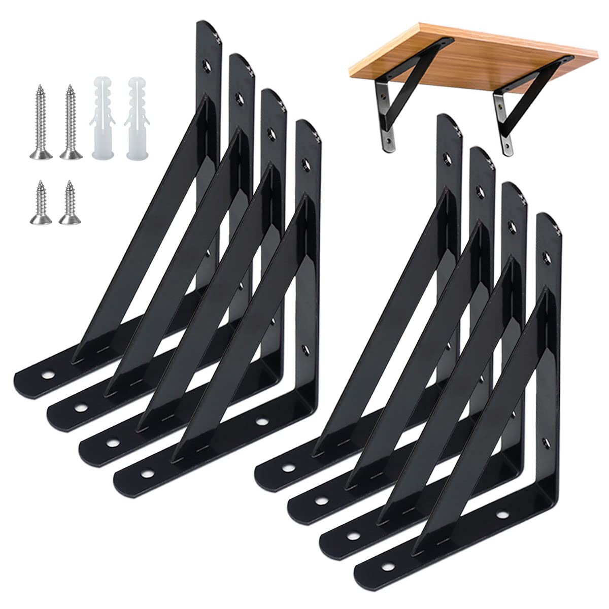 Shelf Brackets Heavy Duty Triangle Shelving Brackets Right Angle Wall Mounted Shelf Supporters Easy to Install Wall Bracket for Shelf，Accessories Included, 6 inches 8 Pack (Black)