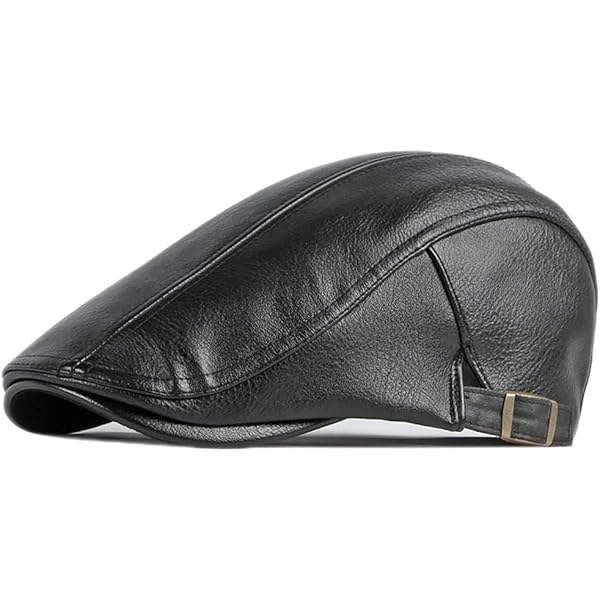 Elwow PU Leather Driving Flat Cap Duckbill Ivy Irish Cap Newsboy Cabbie Scally Beret Hat (Black) At Men's Clothing Store