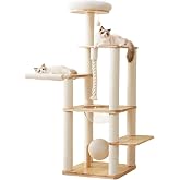 XUHOCHO 60 in Multi-Level Rubberwood Cat Tower | Suitable for multi-cat &amp; medium large indoor cats; rubberwood &amp; white sisal; quick assembly for home living space