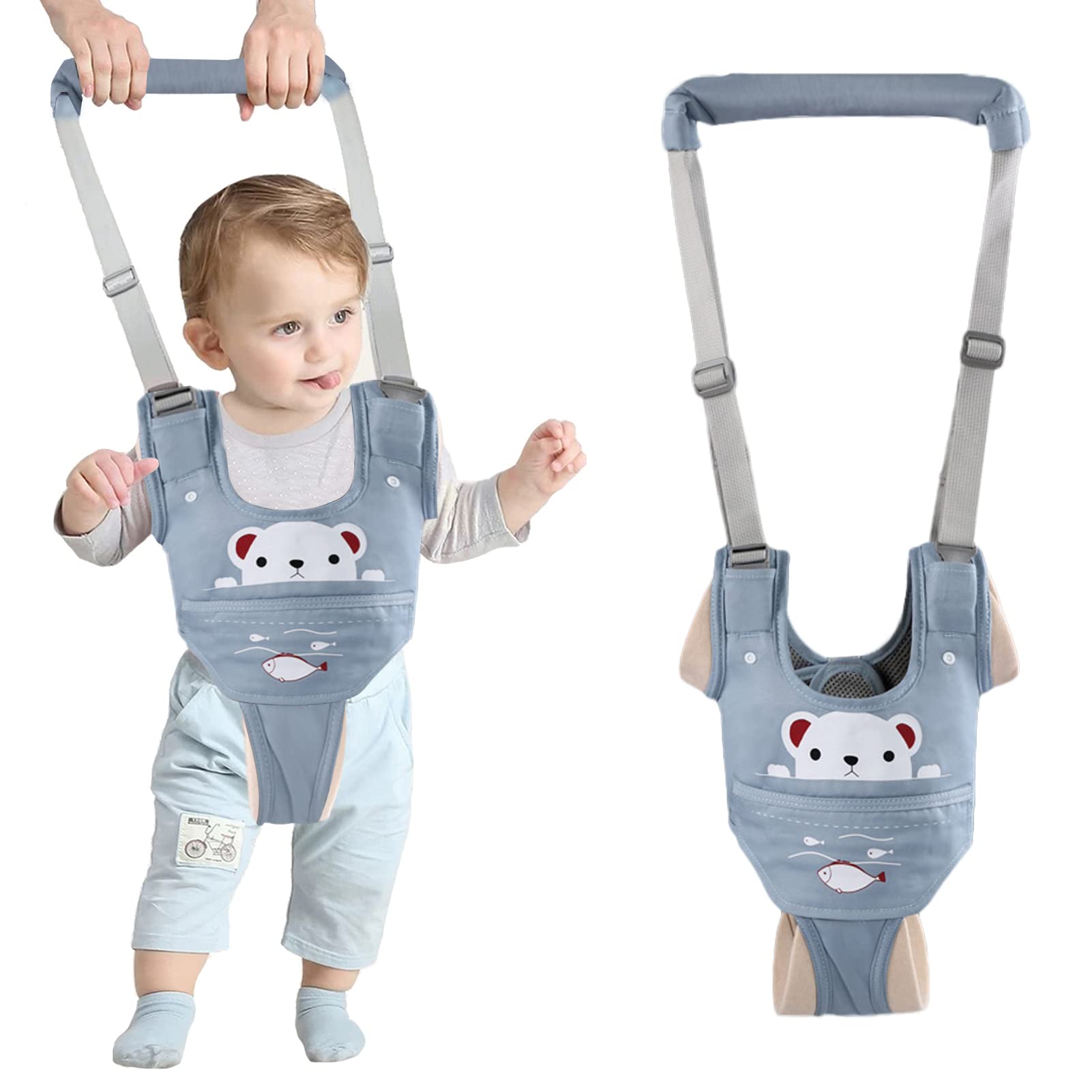 Photo 1 of Ocanoiy Baby Walking Harness Handheld Baby Walker Assistant Belt Adjustable Toddler Infant Walker Safety Harnesses Standing Up Walking Learning Helper with Detachable Crotch for 9-24 Month Old (Blue)